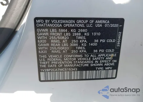 2021 Volkswagen Atlas 2.0T Sel from USA, damaged, VIN 1V2BP2CA7MC515343